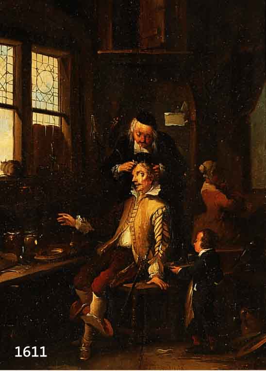 WYCK, THOMAS 1616-1677, ÖL/EICHE, ARZT VERSORGT EINEN VERLETZTEN EDEL- MANN, SEITLICH KLEINER DIENER MIT WASSER- FLASCHE, IM HINTERGRUND FRAU MIT ...
