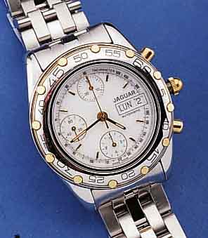 JAGUAR ARMBANDCHRONOGRAPH AUTOMATIK, UNGETR. LAGERW. SCHWEIZ 1999, EDELST. INCL. EDELST.- BAND, TEILW. SAT., TEILW. POL., LÜNETTE M. 60ER TEILUNG ...