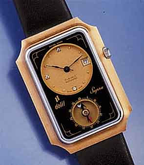 DALIL SUPRA MOSLEMS WATCH, SCHWEIZ UM 1970, UNGETR. LAGERW., MASSIV METALL HARTVERG., MINERALFLACHGL., EDELST.-BODEN GESCHR., KRONE M. ...