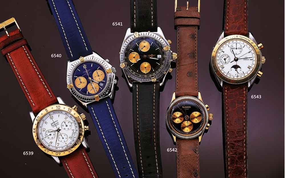 OMEGA ARMBANDCHRONOGRAPH, AUTOMATIK, M. VOLL KALENDERANZ. INCL. MONDPHASE, EDELST., BOD. AUFGEDR., DRÜCKER, KRONE U. LÜN. IN GG, KORR.- DRÜCKER ...