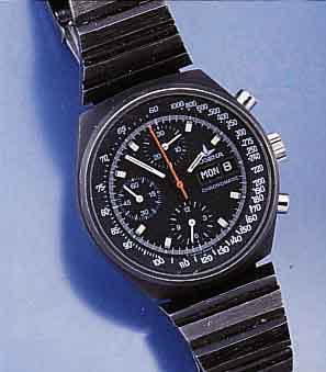 DUGENA ARMBANDCHRONOGRAPH CHRONOMATIK, AUTOMATIK, AUF FALTSCHL. H.J.STUCK (AUTOMOBIL- SPORT), SCHWEIZ/DEUTSCHL. UM 1980, EDELST. INCL. BAND SCHW. ...