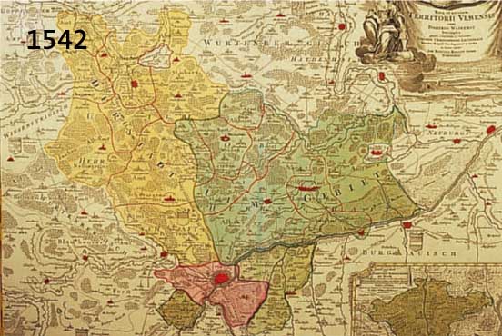 ALTKOLOR. KUPFERSTICHKARTE VON HOMANN, UM 1740, NOVA ET ACCURATA TERRIRORII ULMENSIS CUM DOMINIO WAINENSIS, MIT ÜBERGROßER PRACHT- VOLLER ...