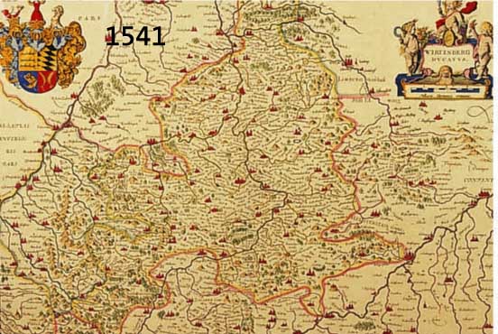 KOLOR. KUPFERSTICHKARTE VON J. JANSONIUS, UM 1650, WIRTENBERG DUCATUS MIT PRACHTVOLL KOLOR. WAPPEN LINKS, OBEN RECHTS SCHÖNER KOLOR. ...