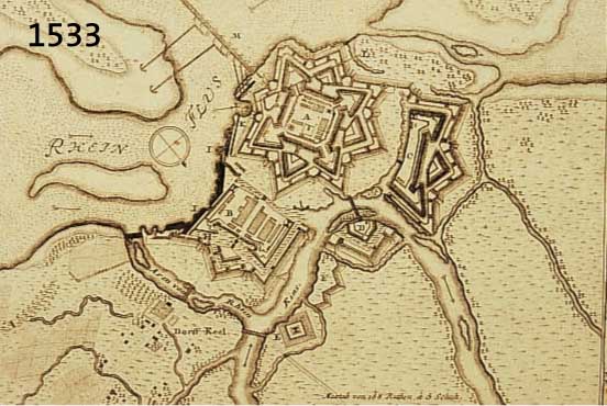 KONV. 3 BLATT KUPFERSTICHE VON KEHL UND UMGE- BUNG, 1.) KUPFERSTICH V. BODENEHR, CA. 1720, PLAN UND GEGEND DER FESTUNG KEHL MIT ALLEN DETACHIERTEN ...