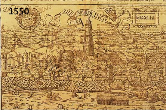 KONV. 4 BLATT NÖRLINGEN UND UMGEBUNG, 1.) HOLZSCHNITT AUS SEB. MÜNSTER AUF DER DOPPELTEN BUCHSEITE BILDGR. DIE STATT NÖRD- LINGEN, CA. 24,5 X ...