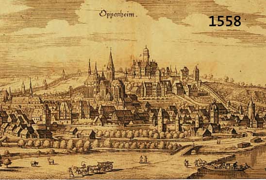 KONV. 11 BLATT MIT ANSICHTEN VON OPPENHEIM, 1.) KUPFERSTICH V. M. MERIAN, GESAMTANSICHT OPPENHEIM MIT ERKLÄRUNG U., CA. 18,5 X 38 CM; 2.) ...