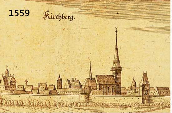 KONV. VON 3 BLATT MIT KIRCHBERG UND SIMMERN (HUNSRÜCK), 1.) KUPFERSTICH M. MERIAN, GESAMTANSICHT KIRCHBERG, CA. 9 X 33 CM; 2.) HOLZSCHNITT AUS ...