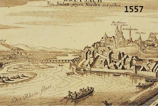 KONV. 7 BLATT BREISACH UND UMGEBUNG, 1.) KUPFERSTICH V. BODENEHR AUGSBURG, CA. 1720, BREYSACH VON SÜDEN GEGEN NORDEN ANZU- SEHEN, MIT ERKLÄRUNG ...