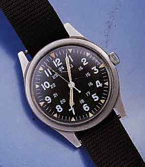 BENRUS MILITÄRARMBANDUHR FÜR US ARMY, SCHWEIZ 1964, EINSCHALEN-METALLGEH. MATT., GET. A-WELLE, BEI FERTIGST. WASSERGESCH., KONTRASTZIFFERBL., 17 ...