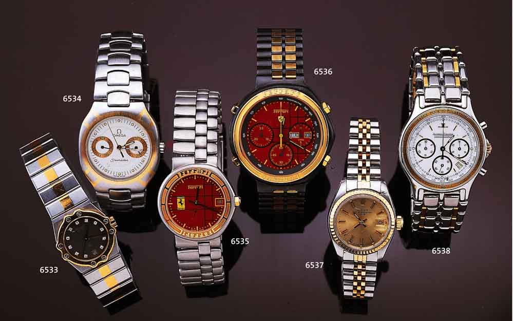 FERRARI ARMBANDCHRONOGRAPH, QUARTZ, SCHWEIZ UM 1994, ASYM. DESIGNERGEH. SCHW. MATT., WIE BAND, ZWISCHENGL., DRÜCKER U. LÜN. HARTVERG., FALTSCHL. ...
