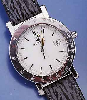 MASERATI DESIGNERHERRENARMBANDUHR, MODELL GHIBLI, EDELST. POL., TACHYMETERSKALA AUF LÜN. , EMAILFARB. BL., LEDERBD., HIGH-TECH-QUARTZ- WERK, ...