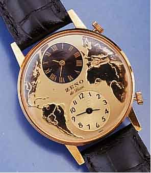 ZENO DE LUXE ZWEIZEITZONENARMBANDUHR, SCHWEIZ UM 1974, METALL VERG., EDELST.-BODEN GEDR., 2 VONEINANDER UNABH. MECHANISCHE ANKER- W., STOßGES., ...