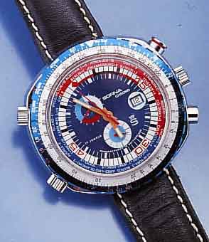 SORNA ARMBANDCHRONOGRAPH, LÜNETTE DREHB., 2 ZIFFERBL.-INNENKRÄNZE M. WELTSTÄDTEAUFDR. U. 60ER TEILUNG INDIVIDUELL DREHB., 15-MIN.- STOPPZÄHLER, ...