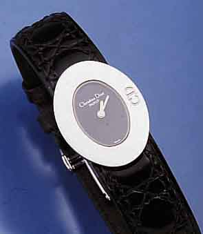 CHRISTIAN DIOR DESIGNERDAMENARMBANDUHR, SCHWEIZ UM 1990, METALL HARTVERCHR., ORIG.- LEDERB. M. UNSICHTB. EDELST.-FALTSCHL., HIGH- TECH-QUARTZW., ...