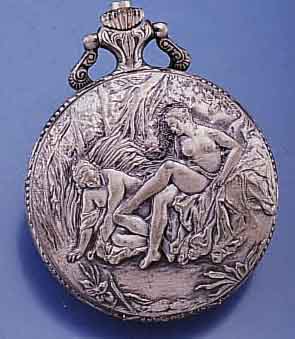 SAVONETTEHERRENTASCHENUHR, M. EROTISCHEM, BEWEGL. MOTIV AUF ZIFFERBL., REPLIKA VON CA. 1870, AKTUELLE PRODUKTION, METALL VERS., 17 ST., ...