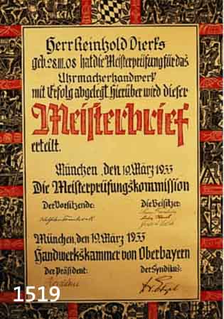 MEISTERBRIEF EINES UHRMACHERS, OBERBAYERN, 1933, ORIG. GERAHMT, UMLAUFEND MIT DARSTEL- LUNGEN VON VERSCHIEDENEN HANDWERKSBERUFEN, AUSSTELLUNG DES ...
