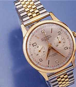 OLYMPIC ARMBANDCHRONOGRAPH, SCHWEIZ UM 1948, ROSE-G. 750/000, BODEN U. GLASR. GEDR., METALL CUV. ZUR ARMIERUNG (GEH. DELLIG/TEILW. AUS REP.-GRÜNDEN ...