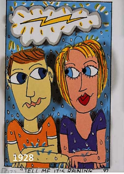 RIZZI, JAMES, TELL ME ITS RAINING, DREIDIMENSIONALE FARBLITHOGRAPHIE VON 1997, HANDSIGNIERT UND NUM. 183/350, CA. 10 X 6,5CM