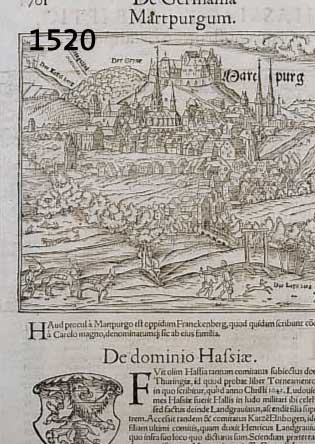 HOLZSCHNITT, GESAMTANS. VON MARBURG/LAHN, AUS S. MÜNSTERS COSMOGRAPHIA, AUS DEM JAHR 1585, DE DOMINIO HASSIAE, UND LANDKARTE, UNT. GL., PP, R., ...