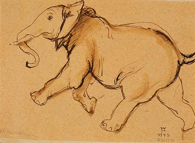 Hausmann, Wilhelm, schreitender Elefant, Tuschezeichnung, hand- signiert und dat. 1943, bez.: Roma, gebrÄunt, ca. 14 x 20 cm