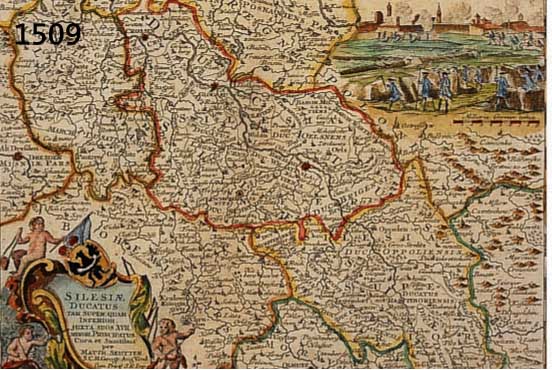 KUPFERSTICHKARTE VON M. SEUTTER, UM 1700, DARSTELLUNG VON SCHLESIEN, GRENZKOLRIT, KO- LORIERTE KARTUSCHEN, CA. 20 X 30 CM, PP, U.GL. R,