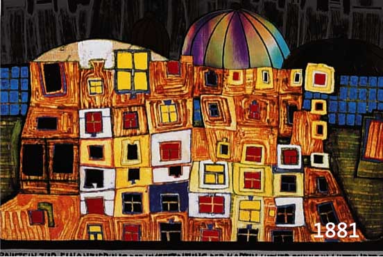 HUNDERTWASSER, FRIEDENSREICH, 1928-2000, BAUSTEIN ZUR FINANZIERUNG DER MARTIN-LUTHER- SCHULE IN WITTENBERG, FARBOFFSET MIT METALL- FOLIENPRÄGUNG, ...
