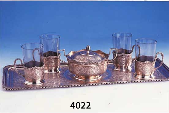 TEESET, PERSIEN 50ER JAHRE, 800ER SILBER, FEIN GRAV., CA. 1200 G, (OHNE GLÄSER, SCHÖNE SCHWERE QUAL., BEST. AUS: 4 TEEGLASHALTER, ZUCKERSCHALE ...