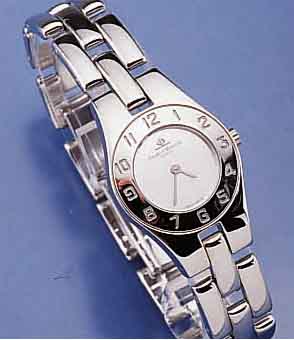 BAUME & MERCIER DESIGNERDAMENARMBANDUHR, SCHWEIZ UM 1999, EDELST. POL., SAPHIRFLACHGL., BOD. AUFGEDR., HIGH-TECH-QUARTZW., BEI SCHÄTZ. BATT. ERN., ...