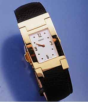 VERSACE DESIGNERHERRENARMBANDUHR, SCHWEIZ UM 1999, EDELST. HARTVERG., BEWEGL. BANDANST., SEITL. SCHMUCKGEPR., LEDERBD. M. UNSICHTB. VERGOLD. ...