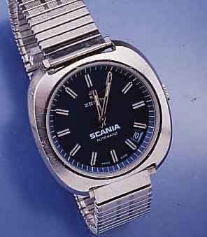 ZENITH HERRENARMBANDUHR AUTOMATIK, WERBEUHR (SKANIA), MASSIV EDELST., EDELST.-ZUGGLIEDER- BAND, MINERALFLACHGL., BODEN GESCHR., SCHWEIZ UM 1972, ...