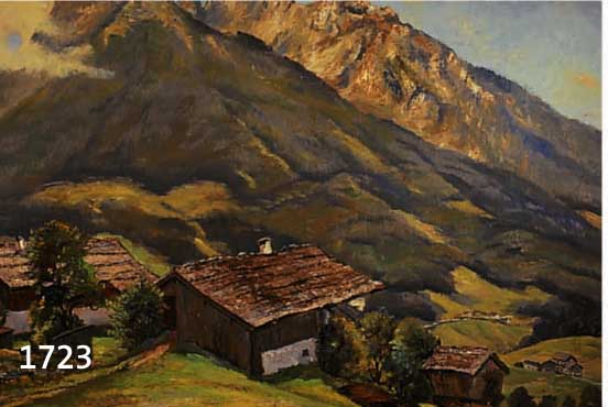 KOCH, JOSEF, MÜNCHENER KÜNSTLER, NACHGEWIESEN UM 1930, BERGHÜTTEN VOR IMPOSANTEM GEBIRGS- PANORAMA, ÖL/HARTFASER, SIGN., VERSO BETITELT ...