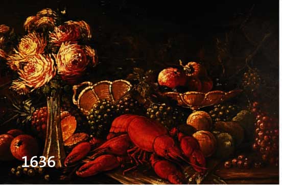 MONOGRAMMIST WK, ANFANG 20. JH., GROßES STILLEBEN MIT HUMMERN, FRÜCHTEN UND BLUMEN, ÖL/LWD., MONOGR., DAT. 1918, MAßE CA. 73X134 CM.