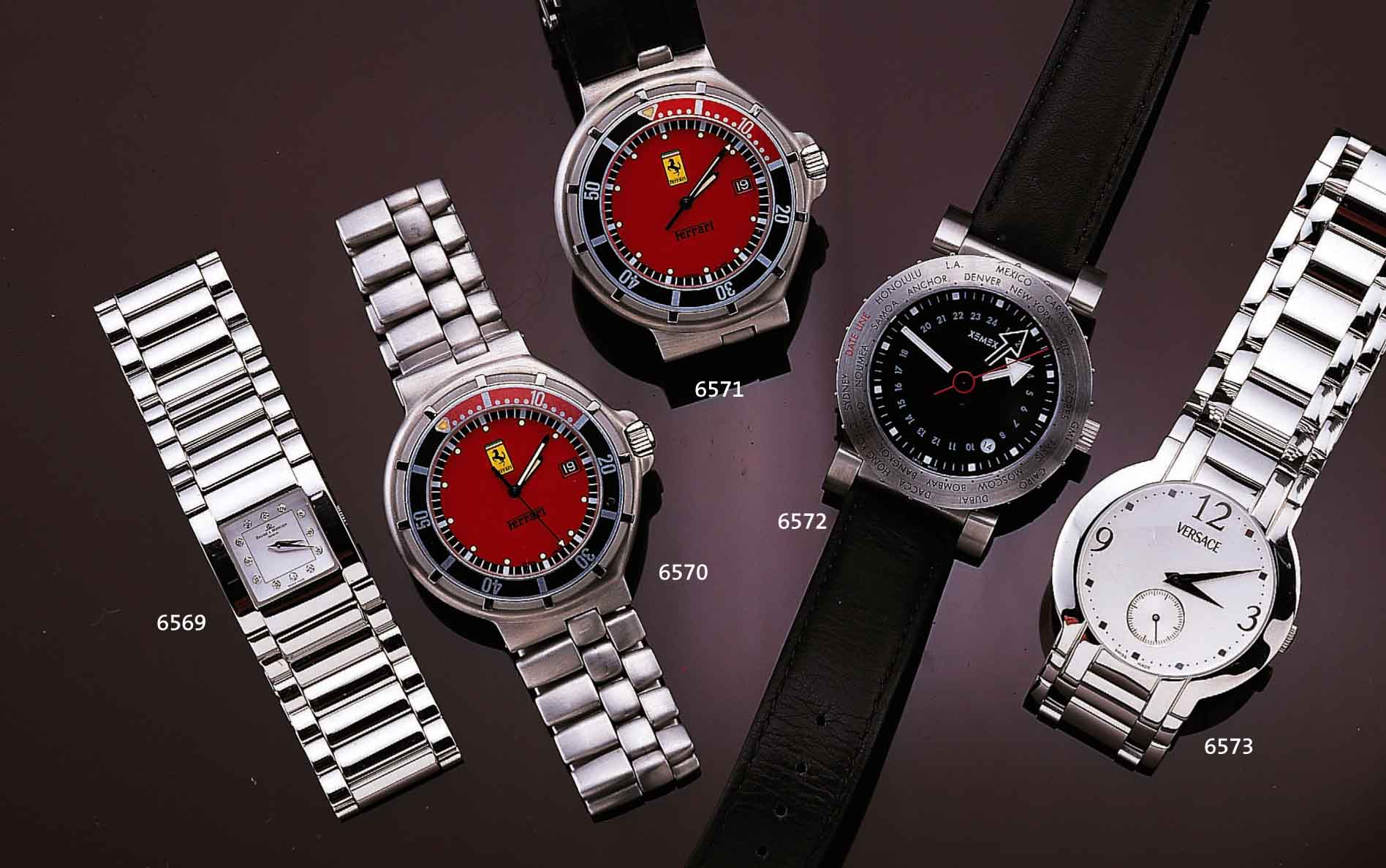 FERRARI DESIGNERHERRENARMBANDUHR, SCHWEIZ, UNGETR. LAGERW. UM 1990, ASYM. MATT. EDELST.- GEH., BODEN U. KRONE GESCHR., BEI FERTIGSTELLUNG WASSERD. ...