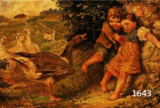 MONOGRAMMIST F.S., DATIERT (19)29, ZWEI KINDER SCHRECKEN VOR EINEM GANTER ZURÜCK, ÖL/MALKARTON, LI. U. MONOGR., CA. 16 X 24 CM