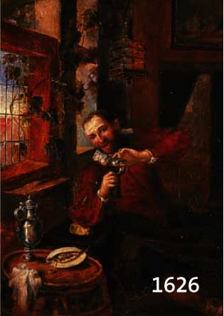UNBEK. KÜNSTLER D. 19./20. JH., FEINGEMALTES INTERIEUR MIT WEINTRINKENDEM MANN AN REBENUMWUNDENEM FENSTER, ÖL/HOLZ (MIN. REST.), UNLESERL. SIGN. ...