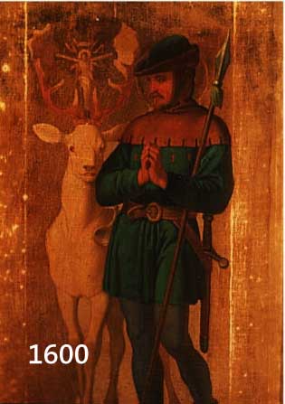 UNBEK. KÜNSTLER DES 19. JH., DER HEILIGE HUBERTUS MIT DEM HIRSCHEN, DER ZWISCHEN SEI- NEM GEWEIH DAS KRUZIFIX TRÄGT, ÖL/LWD., (AL- TERSSPUREN), ...