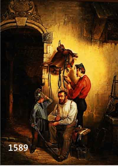UNBEK. KÜNSTLER UM 1860, DER "JUNGE GEFREI- TE" SALUTIERT VOR SEINEN VATER, FEINE QUALTITÄTVOLLE MALEREI, ÖL/LWD. (LEICHTE ...