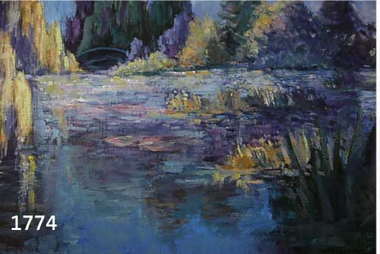 UNBEK. IMPRESSIONIST, 2 HÄLFTE 20. JH., WOHL FRANKREICH, QUALITÄTVOLLE MALEREI IN DER NACHFOLGE MONETS, SCHILFBEWACHSENER TEICH MIT SEEROSEN U. ...