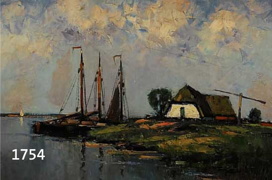 WILD, OTTO, 1898 TROSTBERG/OBB., WAR TÄTIG IN HAMBURG, SOMMERLICHE KÜSTENANSICHT MIT GEHÖFT UND ANKERNDEN BOOTEN, ÖL/LWD. , (REST., 2 KLEINE ...