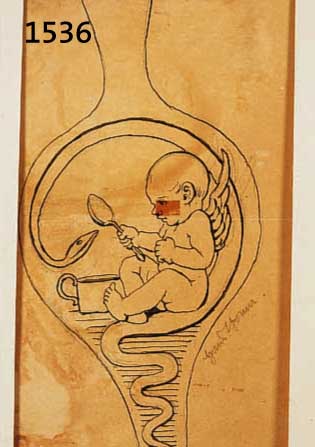 THOMA, HANS, 1839-1924, PUTTO MIT SCHLANGE, TUSCHFEDERZEICHNUNG ÜBER BLEISTIFT, RE. U. HANDSIGNIERT, GEBRÄUNT, LINKS WASSERFLECKIG, DREI KLEINE ...