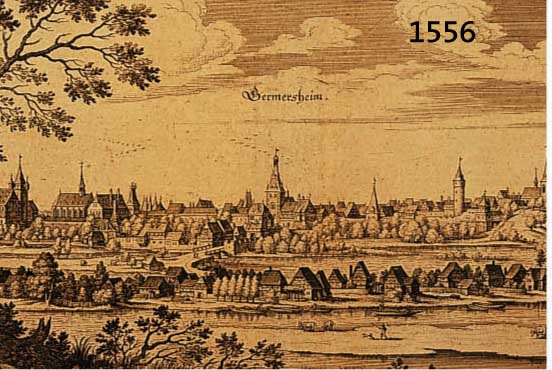 KONV. 2 BLATT MIT ANSICHTEN VON GERMERSHEIM UND UMGEBUNG, 1.) KUPFERSTICH M. MERIAN, GESAMTANS. GERMERSHEIM MIT BLICK ÜBER DEN RHEIN, CA. 21 X ...