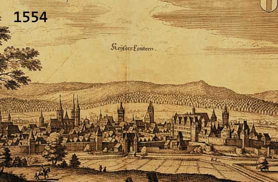 KONV. 2 BLATT KAISERSLAUTERN UND UMGEBUNG, 1.) KUPFERSTICH M. MERIAN, GESAMTANS. KEYSERS- LAUETERN, CA. 21,5 X 34,5 CM; 2.) ALTKOLOR. STAHLSTICHK. ...