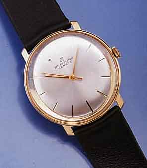 BREITLING HERRENARMBANDUHR, AUTOM., SCHWEIZ UM 1964, METALL HARTVERG., EDELSTAHLBOD. GESCHR., LEDERBD., VERKAUFSLOGO, UNGETR. LAGERW., ...