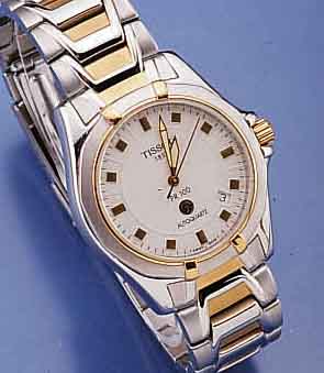 TISSOT HERRENARMBANDUHR, SERIE PR100/AUTO- QUARTZ, UNGETR., SCHWEIZ UM 1998, EDELST. Z.T. POL. Z.T. SAT. WIE EDELST.-BAND, SCHR.-KR., TEILE D. ...