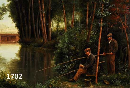 TALLOU, A. ODER ÄHNL., WOHL FRANZ. KÜNSTLER ENDE 19. JH., FEINE IMPRESSIONISTISCHE MA- LEREI, ZWEI ANGLER AN WALDUMSÄUMTEM GEWÄSSER, IM ...