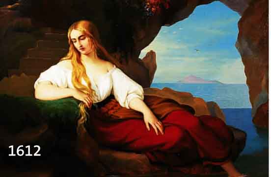 UNBEK. KÜNSTLER UM 1840/60, SEHR FEINE STIMMUNGSVOLLE MALEREI, JUNGE ITALIENERIN IN EINER GROTTE AM MEERESUFER, ÖL/ LWD. (IM HINTERGRUND L. ...