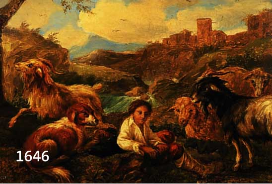 UNBEK. KÜNSTLER, WOHL MITTE 19. JH., HÜTEJUNGE MIT HUND UND SCHAFEN UND ZIEGEN, IN HÜGELIGER LANDSCHAFT MIT BURGANLAGE, ÖL/LWD., ...