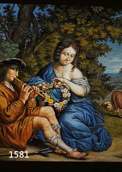 WICHMANN, HEINRICH ADOLF, 1755, VON IHM SIND GENRESZENEN UND RELIGIÖSE MOTIVE BEKANNT, JUNGE FRAU MIT BLUMENKRANZ BEI FLÖ- TESPIELENDEM SCHÄFER ...