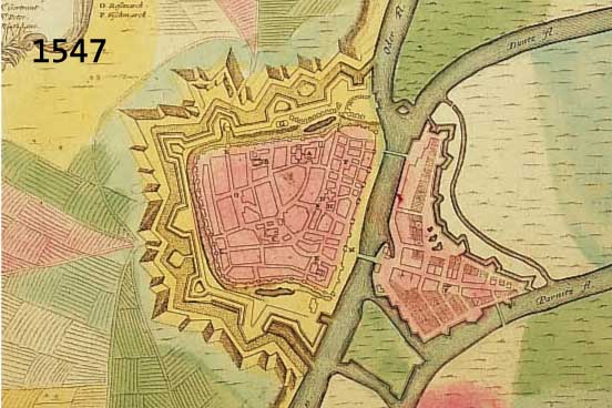 KONV. 4 BLATT MIT ANSICHTEN UND KARTEN V. STETTIN U. UMGEBUNG, 1.) ALKOLOR. KUPFER- STICHPLAN VON HOMANN, CA. 1740, STETTIN AUS DER VOGELSCHAU MIT ...