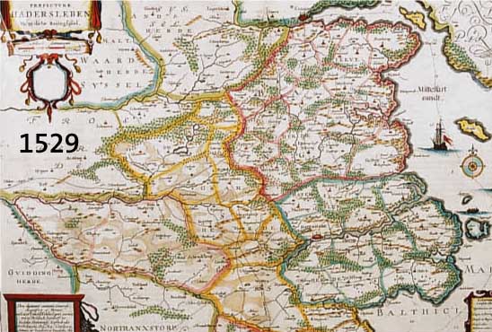 KOLOR. KUPFERSTICHK. AUS DEM ATLAS MAJOR V. J. BLAEU CA. 1662, PARS ORIENTALIS PRAEFECTURAE HADERSLEBEN VULGO DICTAE BARINGFÜßEL, MIT PRACHTVOLL ...